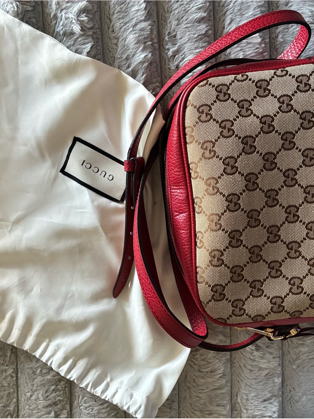 Gucci Beige Monogram Crossbody with Red Leather Trim